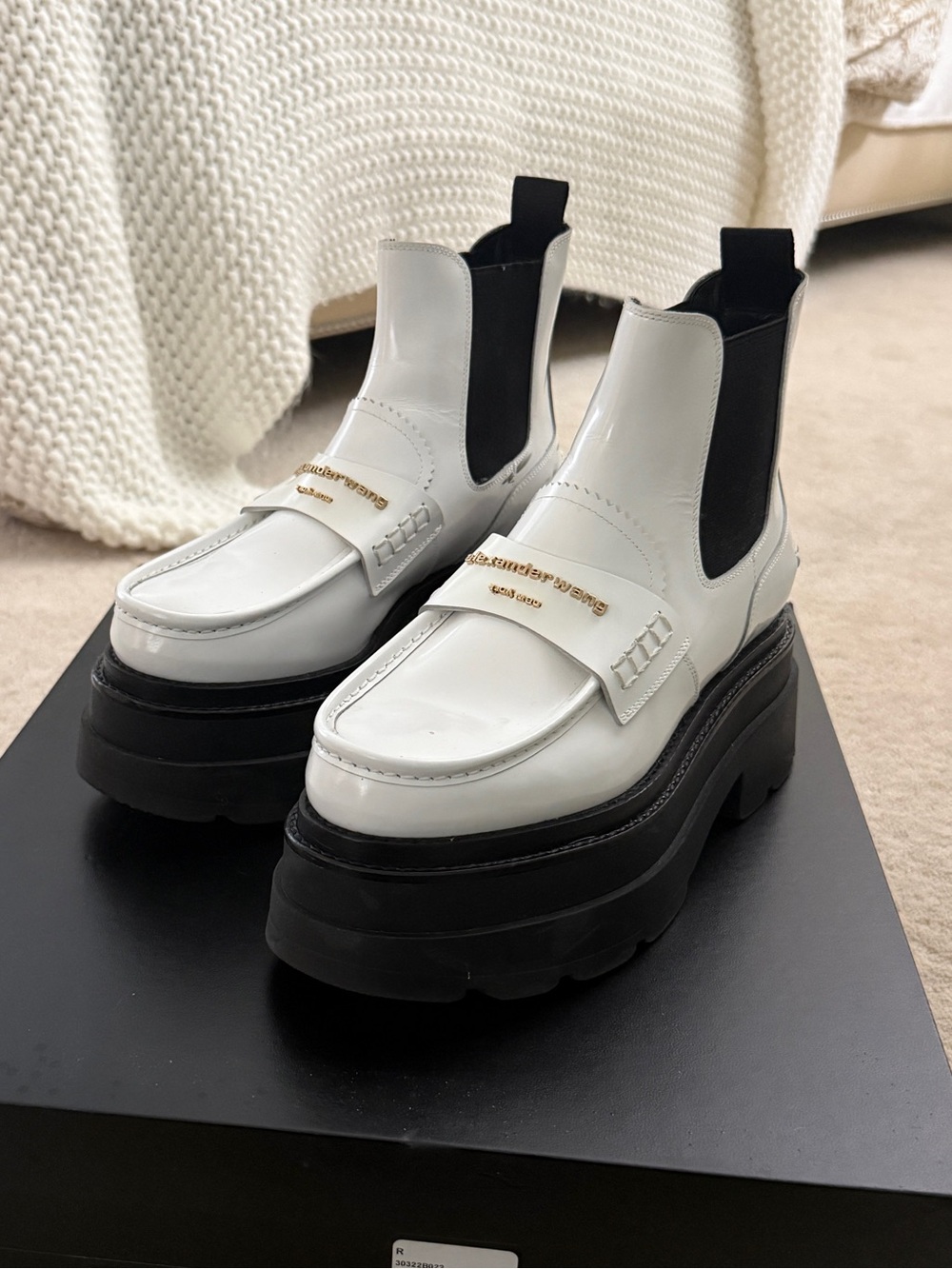 Alexander Wang White Leather Lug-Sole Chelsea Boots with Black Elastic